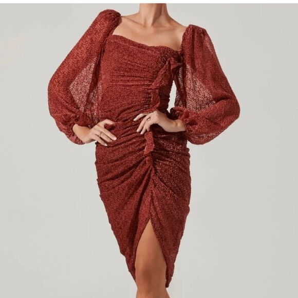 ASTR Athens Burnout‎ Cranberry Long Puff Sleeve Rushed Side Dress Sz S - Picture 3 of 8